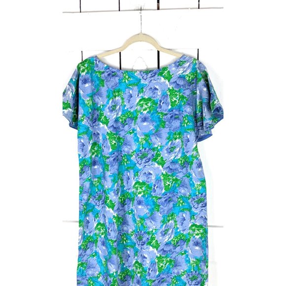 Vintage blue purple floral flutter sleeve cotton cover up sun dress - Picture 4 of 5